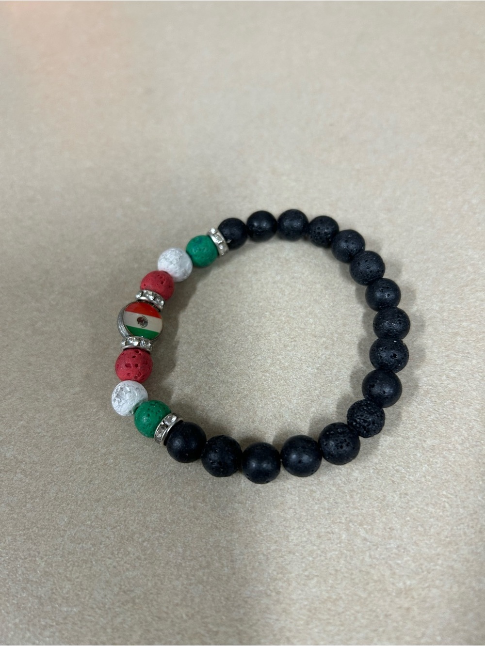 Beaded Black Lava Stone Bracelet with Mexican Flag Accent